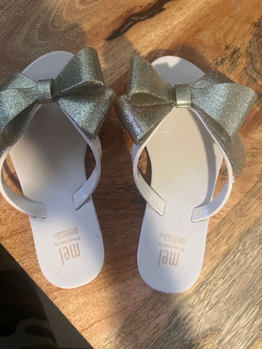 Mini Melissa White Sandals with Gold Glitter Bow